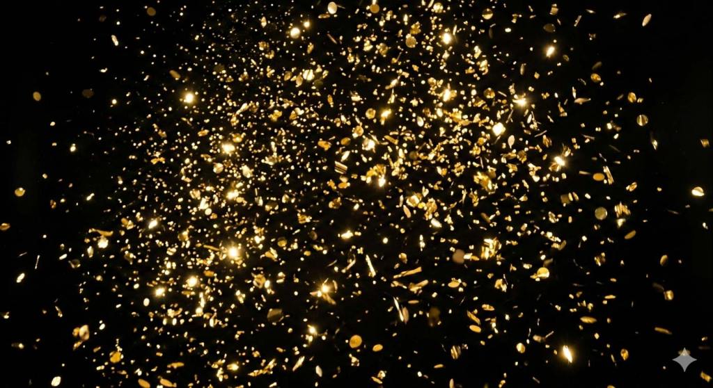 Gold confetti over a black background