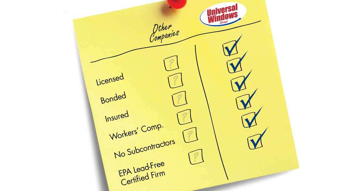 A checklist comparing Universal Windows Direct to other companies.