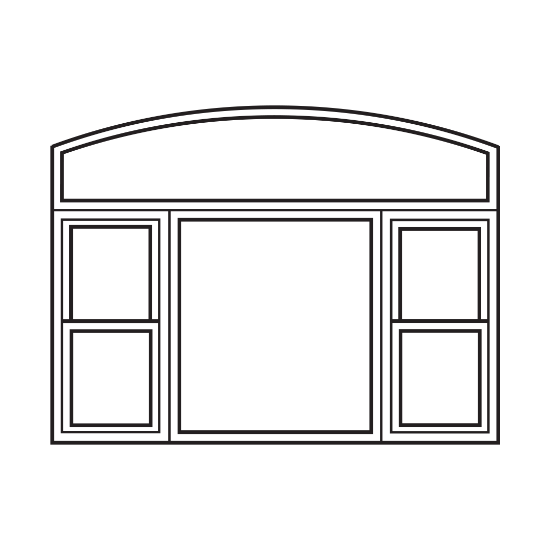 Extended leg eyebrow over a picture window with double-hung flankers line drawing