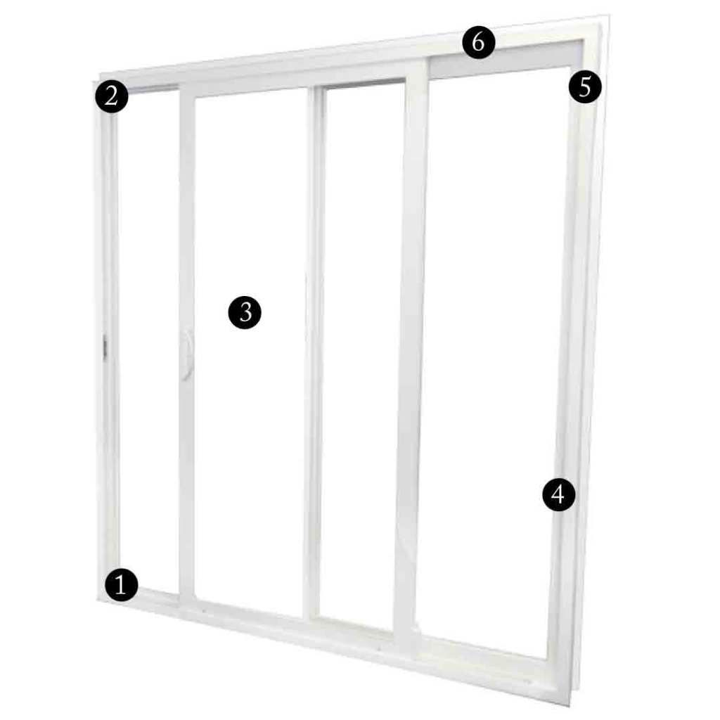 Numbered diagram of sliding glass door construction features