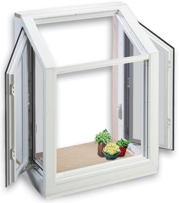 White vinyl garden window with side vents open and potted herbs on the seat