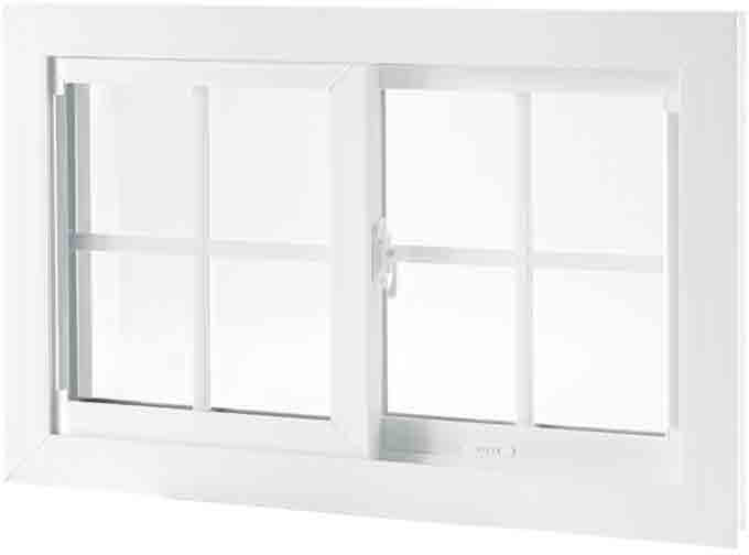 A picture of a white slider window with grids.