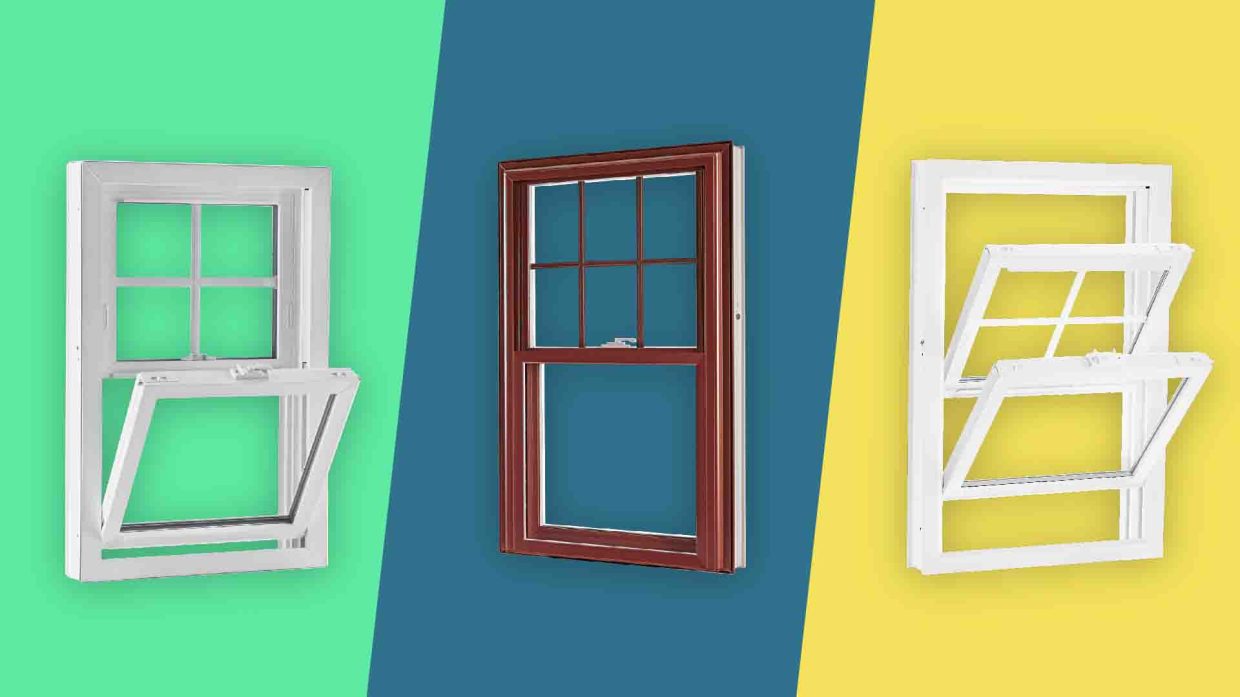 Multiple double hung window products on colorful backgrounds.