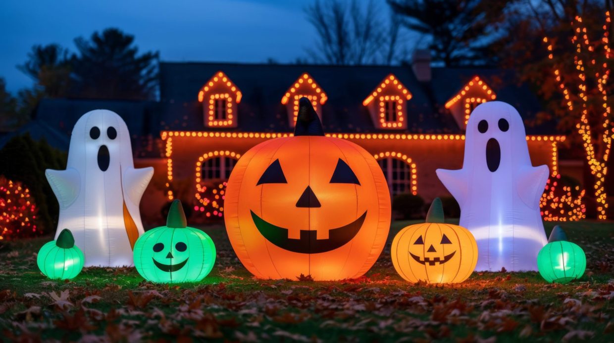 Yard filled with inflatables including a giant pumpkin, ghost, and a black cat, surrounded by colorful Halloween lights