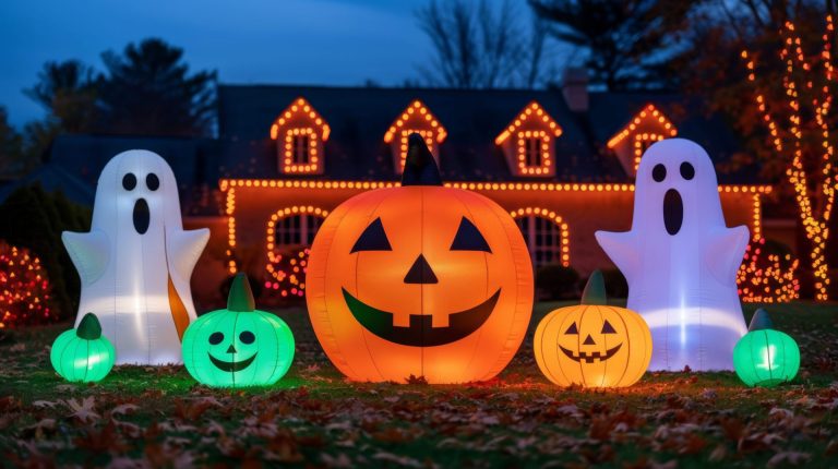 Yard filled with inflatables including a giant pumpkin, ghost, and a black cat, surrounded by colorful Halloween lights