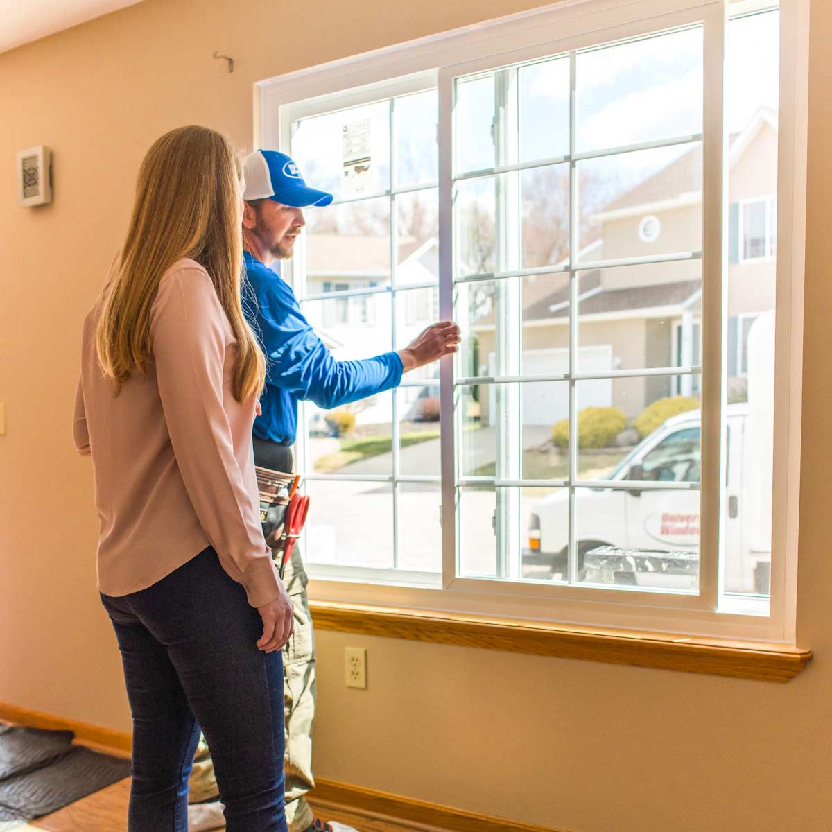 A window installer with a customer looking at a new window