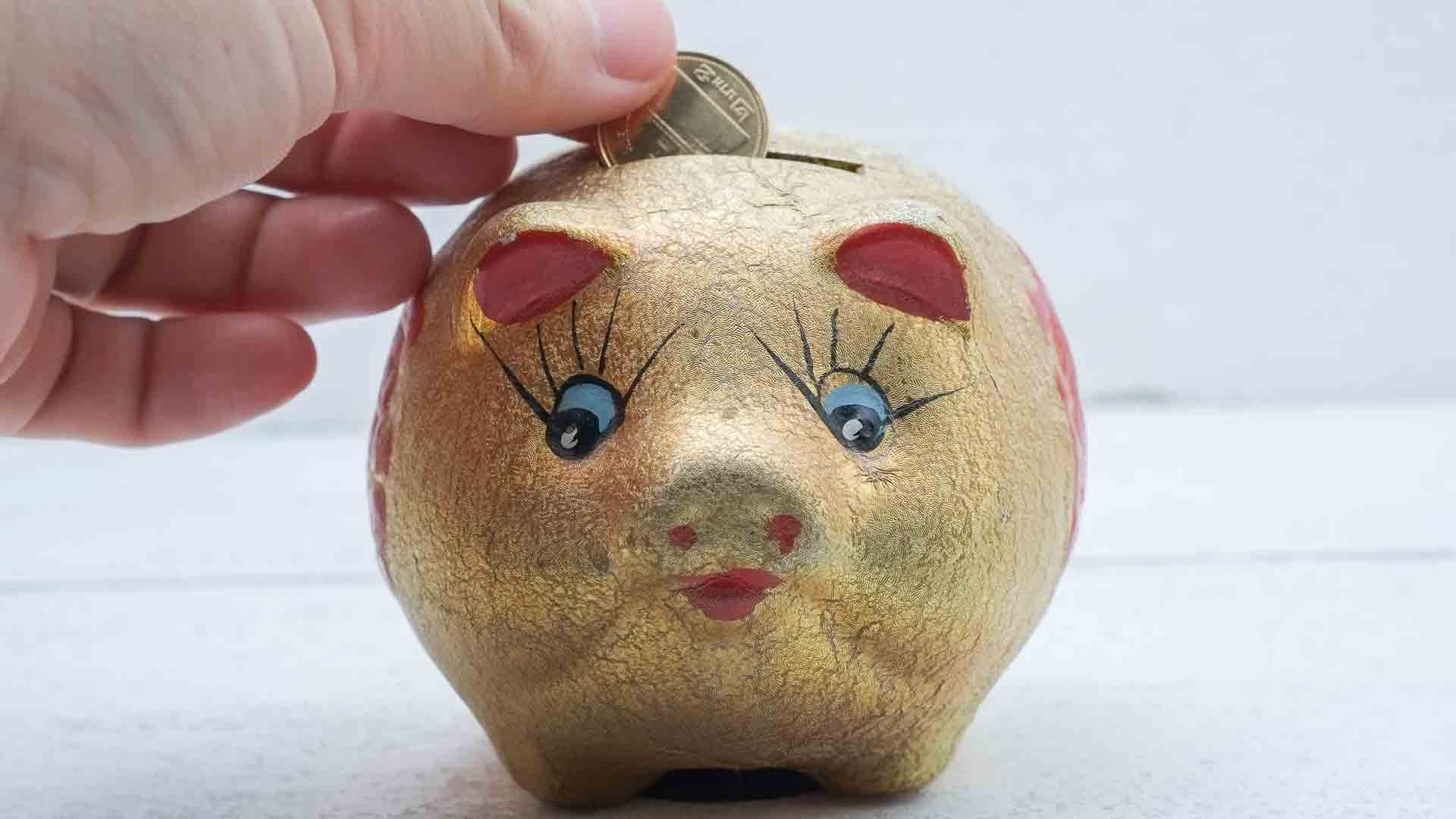Piggy Bank coin dropped into piggy bank