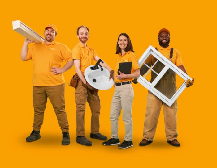 A team of home improvement experts stand smiling holding products like a window, sink, and gutter.